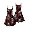 Robe gothique à imprimé feuilles de rose et crânes rétro, bretelles spaghetti, col en V, coupe trapèze, mini-robe débardeur de vacances - Noir XXXXXL | US 20