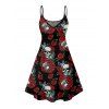 Robe gothique à imprimé feuilles de rose et crânes rétro, bretelles spaghetti, col en V, coupe trapèze, mini-robe débardeur de vacances - Noir XXXXXL | US 20