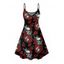 Robe gothique à imprimé feuilles de rose et crânes rétro, bretelles spaghetti, col en V, coupe trapèze, mini-robe débardeur de vacances - Noir XXXXXL | US 20