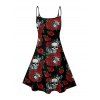 Robe gothique à imprimé feuilles de rose et crânes rétro, bretelles spaghetti, col en V, coupe trapèze, mini-robe débardeur de vacances - Noir XXXXXL | US 20