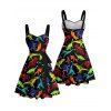 Robe gothique à imprimé dinosaure coloré, buste froncé, ceinture, col en cœur, coupe trapèze, mini robe de vacances - Noir 5XL