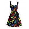 Robe gothique à imprimé dinosaure coloré, buste froncé, ceinture, col en cœur, coupe trapèze, mini robe de vacances - Noir 5XL