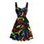 Robe gothique à imprimé dinosaure coloré, buste froncé, ceinture, col en cœur, coupe trapèze, mini robe de vacances - Noir 5XL