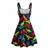 Robe gothique à imprimé dinosaure coloré, buste froncé, ceinture, col en cœur, coupe trapèze, mini robe de vacances - Noir 5XL