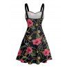 Robe de vacances à motif floral et chaîne sur toute la surface, ceinture froncée sur le buste, col en cœur, mini-robe décontractée trapèze - Noir XXXXXL | US 20