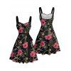 Robe de vacances à motif floral et chaîne sur toute la surface, ceinture froncée sur le buste, col en cœur, mini-robe décontractée trapèze - Noir XXXXXL | US 20