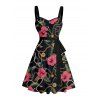 Robe de vacances à motif floral et chaîne sur toute la surface, ceinture froncée sur le buste, col en cœur, mini-robe décontractée trapèze - Noir XXXXXL | US 20