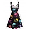 Robe gothique à imprimé tête de mort colorée, buste froncé, col en cœur, mini robe de vacances trapèze - multicolor XXXXXL | US 20