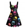 Robe gothique à imprimé tête de mort colorée, buste froncé, col en cœur, mini robe de vacances trapèze - multicolor XXXXXL | US 20