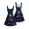 Robe gothique à imprimé tête de mort et toile d'araignée, buste froncé, décolleté en cœur, mini robe de vacances trapèze - Noir S | US 4
