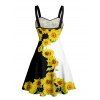 Robe de vacances à motif tournesol, couleur contrastée, buste froncé, col en cœur, mini-robe décontractée trapèze - Noir XXXXXL | US 20