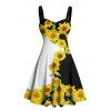 Robe de vacances à motif tournesol, couleur contrastée, buste froncé, col en cœur, mini-robe décontractée trapèze - Noir XXXXXL | US 20