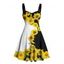 Robe de vacances à motif tournesol, couleur contrastée, buste froncé, col en cœur, mini-robe décontractée trapèze - Noir XXXXXL | US 20