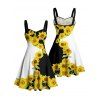 Robe de vacances à motif tournesol, couleur contrastée, buste froncé, col en cœur, mini-robe décontractée trapèze - Noir XXXXXL | US 20