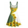 Robe de vacances à motif tournesol, couleur contrastée, buste froncé, col en cœur, mini-robe décontractée trapèze - Vert XXXXXL | US 20
