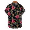 Chemise de vacances à motif floral et chaîne pour homme, boutonnée, retroussée, manches courtes, décontractée - Noir 5XL