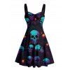 Gothic Couple Outfit Skulls Spider Web Print Ruched Bust Sweetheart Neck A Line Mini Dress and Button Up Shirt Holiday Matching Outfit - Noir S | US 4