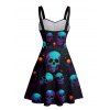 Gothic Couple Outfit Skulls Spider Web Print Ruched Bust Sweetheart Neck A Line Mini Dress and Button Up Shirt Holiday Matching Outfit - Noir S | US 4