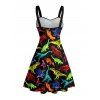 Gothic Couple Outfit Colored Dinosaur Print Ruched Bust Belt Sweetheart Neck A Line Mini Dress and Button Up Shirt Holiday Matching Outfit - Noir S | US 4