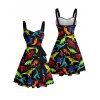 Gothic Couple Outfit Colored Dinosaur Print Ruched Bust Belt Sweetheart Neck A Line Mini Dress and Button Up Shirt Holiday Matching Outfit - Noir S | US 4
