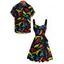 Gothic Couple Outfit Colored Dinosaur Print Ruched Bust Belt Sweetheart Neck A Line Mini Dress and Button Up Shirt Holiday Matching Outfit - Noir S | US 4