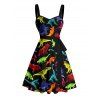 Gothic Couple Outfit Colored Dinosaur Print Ruched Bust Belt Sweetheart Neck A Line Mini Dress and Button Up Shirt Holiday Matching Outfit - Noir S | US 4