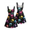 Gothic Couple Outfit Colored Skull Print Ruched Bust Sweetheart Neck A Line Mini Dress and Button Up Shirt Holiday Matching Outfit - multicolor S | US 4