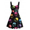 Gothic Couple Outfit Colored Skull Print Ruched Bust Sweetheart Neck A Line Mini Dress and Button Up Shirt Holiday Matching Outfit - multicolor S | US 4
