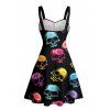 Gothic Couple Outfit Colored Skull Print Ruched Bust Sweetheart Neck A Line Mini Dress and Button Up Shirt Holiday Matching Outfit - multicolor S | US 4