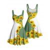 Vacation Couple Outfit Sunflower Pattern Contrast Color Ruched Bust Sweetheart Neck A Line Mini Dress and Button Up Shirt Matching Outfit - Vert S | US 4