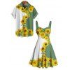 Vacation Couple Outfit Sunflower Pattern Contrast Color Ruched Bust Sweetheart Neck A Line Mini Dress and Button Up Shirt Matching Outfit - Vert S | US 4