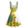 Vacation Couple Outfit Sunflower Pattern Contrast Color Ruched Bust Sweetheart Neck A Line Mini Dress and Button Up Shirt Matching Outfit - Vert S | US 4