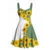 Vacation Couple Outfit Sunflower Pattern Contrast Color Ruched Bust Sweetheart Neck A Line Mini Dress and Button Up Shirt Matching Outfit - Vert S | US 4
