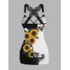 Débardeur gothique monochrome à motif de tournesols et de crânes, en dentelle papillon, avec surplis contrasté et anneau en O, haut de vacances - Noir XXL | US 14