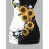 Débardeur gothique monochrome à motif de tournesols et de crânes, en dentelle papillon, avec surplis contrasté et anneau en O, haut de vacances - Noir XXL | US 14