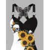 Débardeur gothique monochrome à motif de tournesols et de crânes, en dentelle papillon, avec surplis contrasté et anneau en O, haut de vacances - Noir XXL | US 14