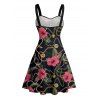 Vacation Couple Outfit Allover Chain Floral Pattern Ruched Bust Belt Sweetheart Neck A Line Mini Dress and Button Up Shirt Casual Matching Outfit - Noir S | US 4