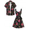 Vacation Couple Outfit Allover Chain Floral Pattern Ruched Bust Belt Sweetheart Neck A Line Mini Dress and Button Up Shirt Casual Matching Outfit - Noir S | US 4