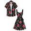 Vacation Couple Outfit Allover Chain Floral Pattern Ruched Bust Belt Sweetheart Neck A Line Mini Dress and Button Up Shirt Casual Matching Outfit - Noir S | US 4