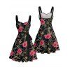 Vacation Couple Outfit Allover Chain Floral Pattern Ruched Bust Belt Sweetheart Neck A Line Mini Dress and Button Up Shirt Casual Matching Outfit - Noir S | US 4