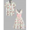 Vacation Couple Outfit Floral Print Zipper Back Dress Solid Lace Up Corset Belt Set and Button Up Shirt Matching Outfit - Blanc S | US 4