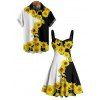 Vacation Couple Outfit Sunflower Pattern Contrast Color Ruched Bust Sweetheart Neck A Line Mini Dress and Button Up Shirt Matching Outfit - Noir S | US 4