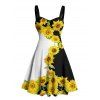 Vacation Couple Outfit Sunflower Pattern Contrast Color Ruched Bust Sweetheart Neck A Line Mini Dress and Button Up Shirt Matching Outfit - Noir S | US 4