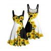 Vacation Couple Outfit Sunflower Pattern Contrast Color Ruched Bust Sweetheart Neck A Line Mini Dress and Button Up Shirt Matching Outfit - Noir S | US 4