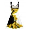 Vacation Couple Outfit Sunflower Pattern Contrast Color Ruched Bust Sweetheart Neck A Line Mini Dress and Button Up Shirt Matching Outfit - Noir S | US 4