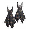 Gothic Couple Outfit Celestial Sun Moon Star Skulls Pattern Asymmetrical Hem Dress and Button Up Shirt Holiday Matching Outfit - Noir S | US 4