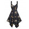Gothic Couple Outfit Celestial Sun Moon Star Skulls Pattern Asymmetrical Hem Dress and Button Up Shirt Holiday Matching Outfit - Noir S | US 4