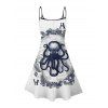 Vacation Couple Outfit Octopus Playing Cards Print Spaghetti Strap V Neck A Line Mini Tank Dress and Button Up Shirt Matching Outfit - Blanc S | US 4