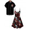 Gothic Couple Outfit Rose Leaf Retro Skulls Print Spaghetti Strap V Neck A Line Mini Tank Dress and Button Up Shirt Holiday Matching Outfit - Noir S | US 4