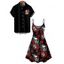 Gothic Couple Outfit Rose Leaf Retro Skulls Print Spaghetti Strap V Neck A Line Mini Tank Dress and Button Up Shirt Holiday Matching Outfit - Noir S | US 4